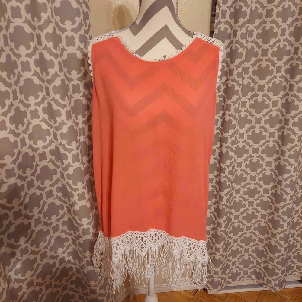 Coral Crepe Tank with White Fringe